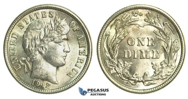 L28, United States, Barber Dime (10 Cents) 1912, Silver, High Grade!