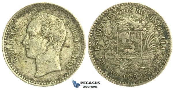 L30, Venezuela, 1/2 Bolivar 1879, Brussels, Silver, Nice & Rare!