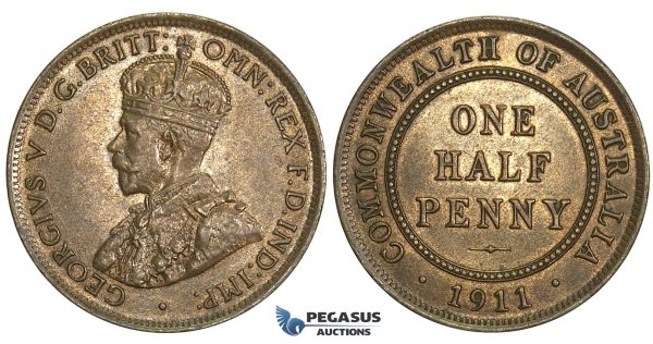 L31, Australia, George V, Half Penny 1911, High Grade! Partial Luster, Red Brown