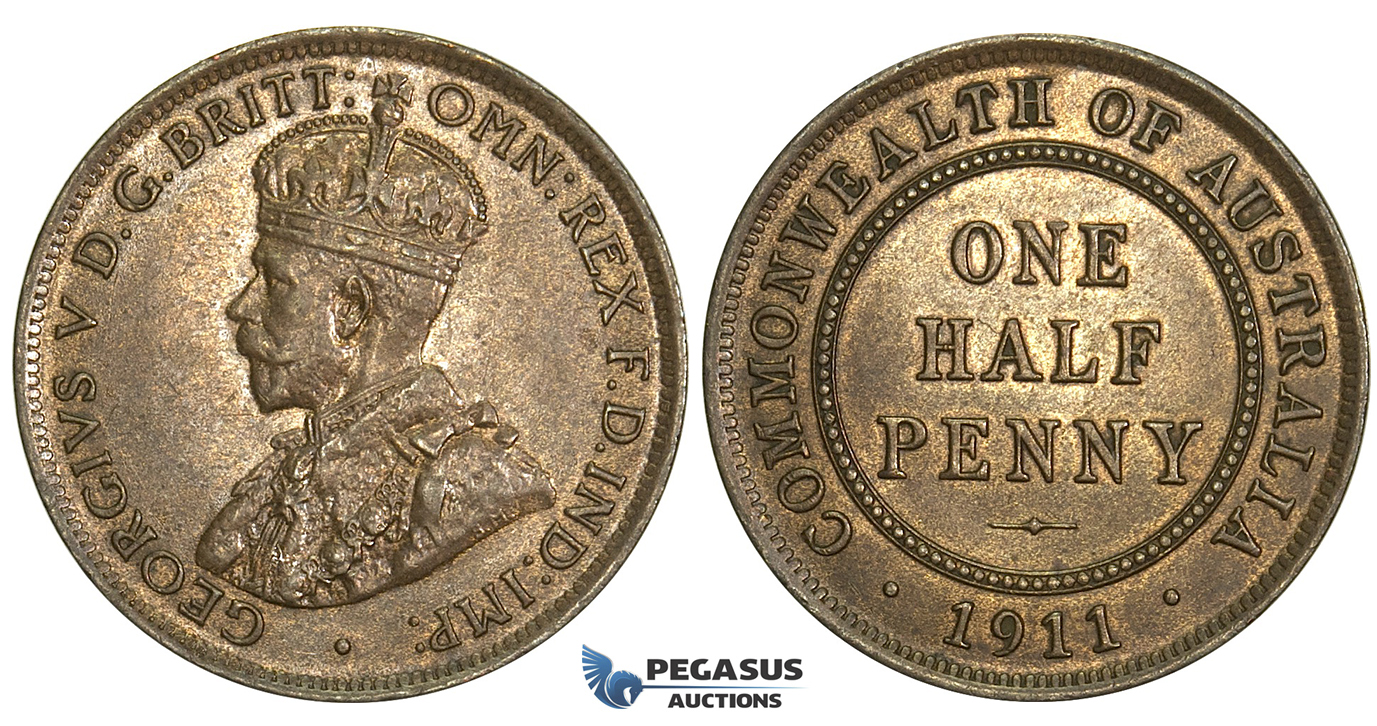 L31, Australia, George V, Half Penny 1911, High Grade! Partial Luster, Red Brown