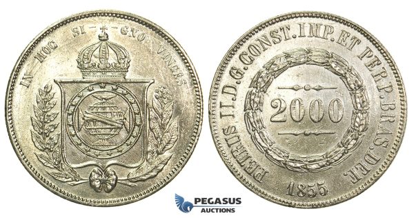 L32, Brazil, Pedro II, 2000 Reis 1855, Silver, Cleaned High Grade!