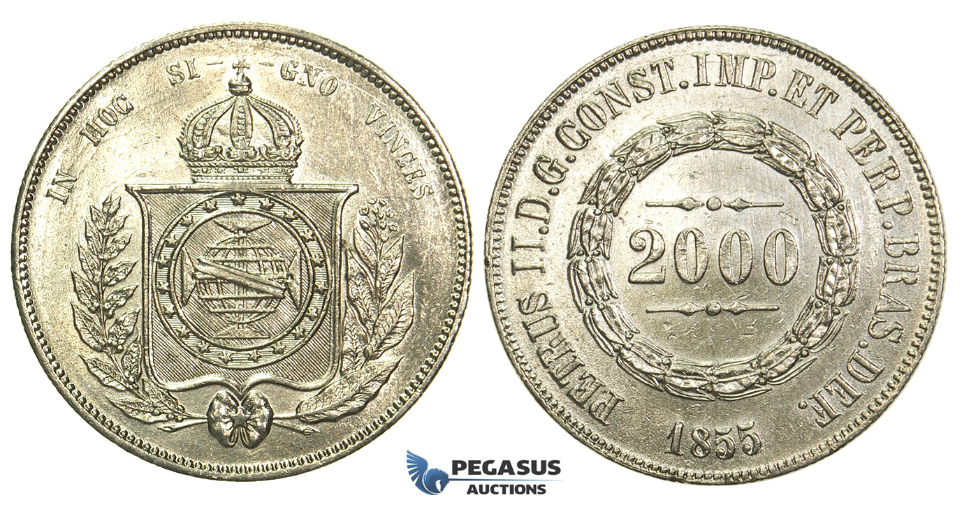 L32, Brazil, Pedro II, 2000 Reis 1855, Silver, Cleaned High Grade!
