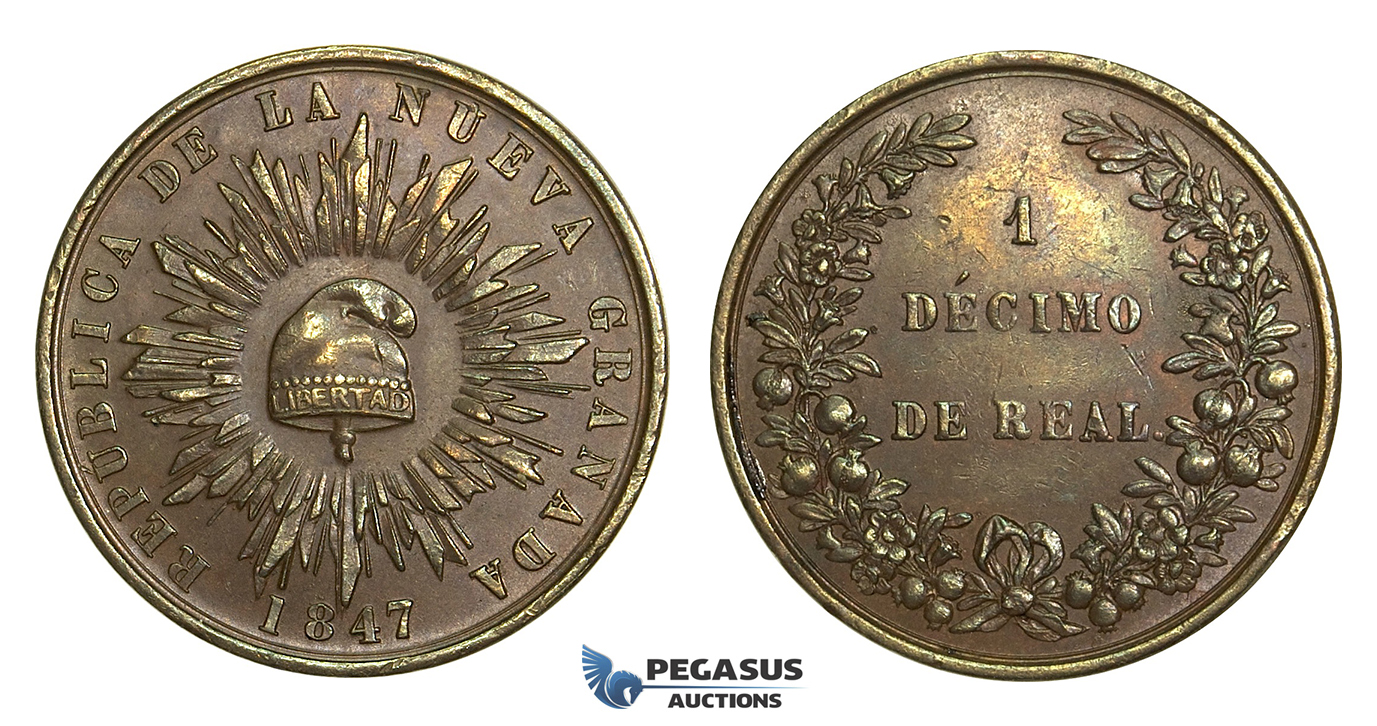 L33, Colombia (Nueva Granada) 1 Decimo de Real 1847, High Grade! Chocolate Brown!