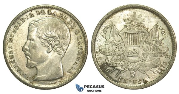 L35, Guatemala, Peso 1870-R, Silver, Mint State (few hairline scratches on Obv)