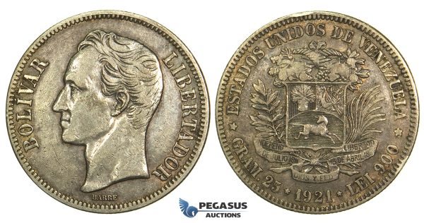 L39, Venezuela, 5 Bolivares 1921, Caracas, Silver
