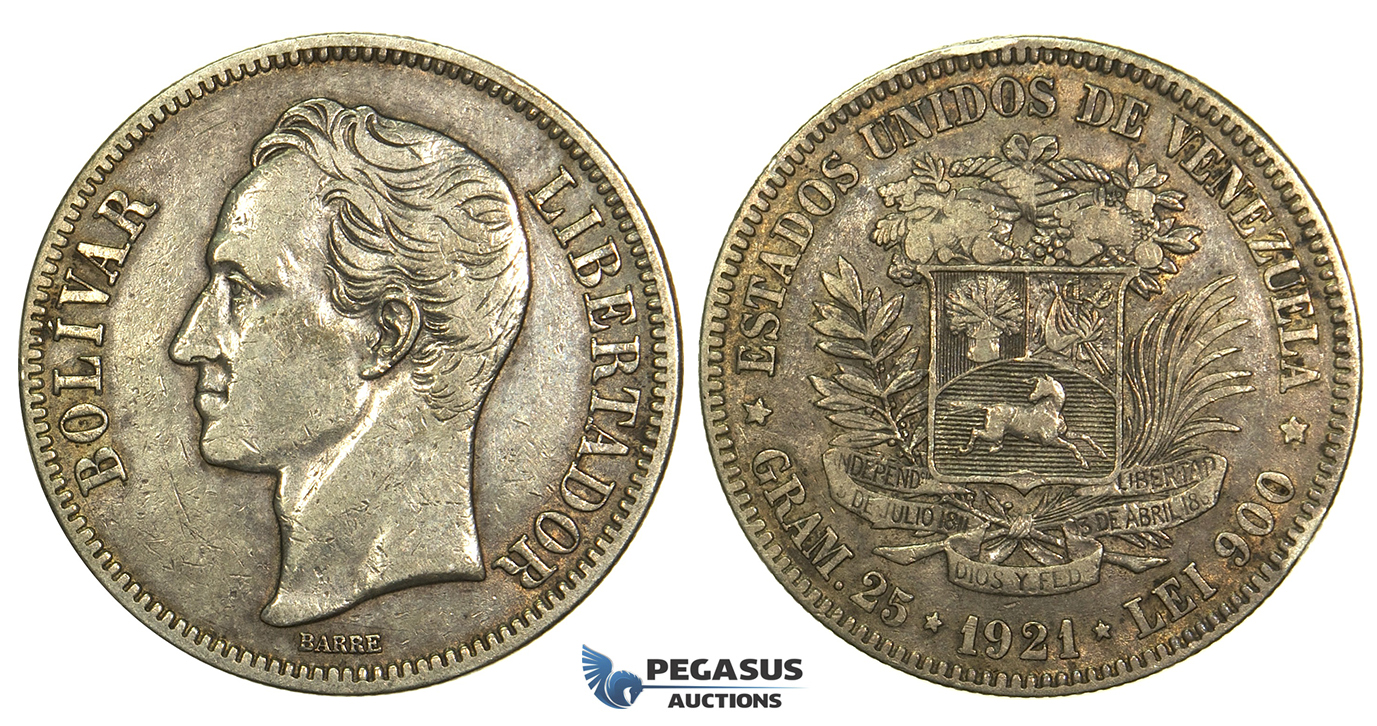 L39, Venezuela, 5 Bolivares 1921, Caracas, Silver
