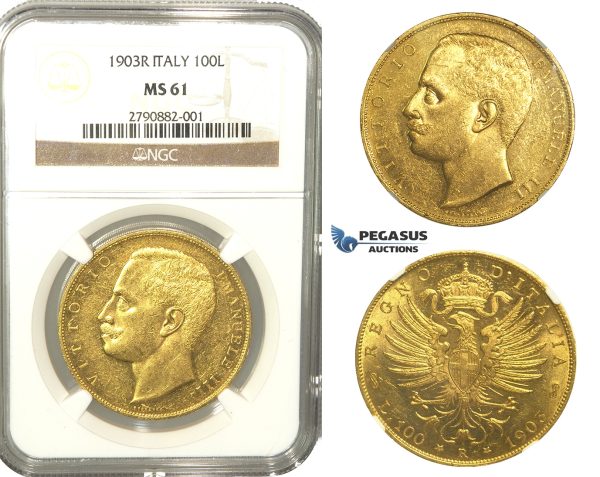L48, Italy, Vittorio Emanuele III, 100 Lire 1903-R, Rome, Gold, NGC MS61, Very Rare!