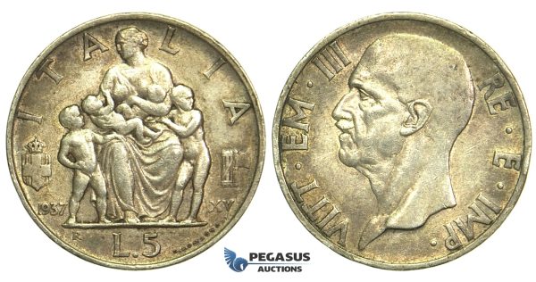 L51, Italy, Vittorio Emanuele III, 5 Lire 1937-R, Rome, Silver