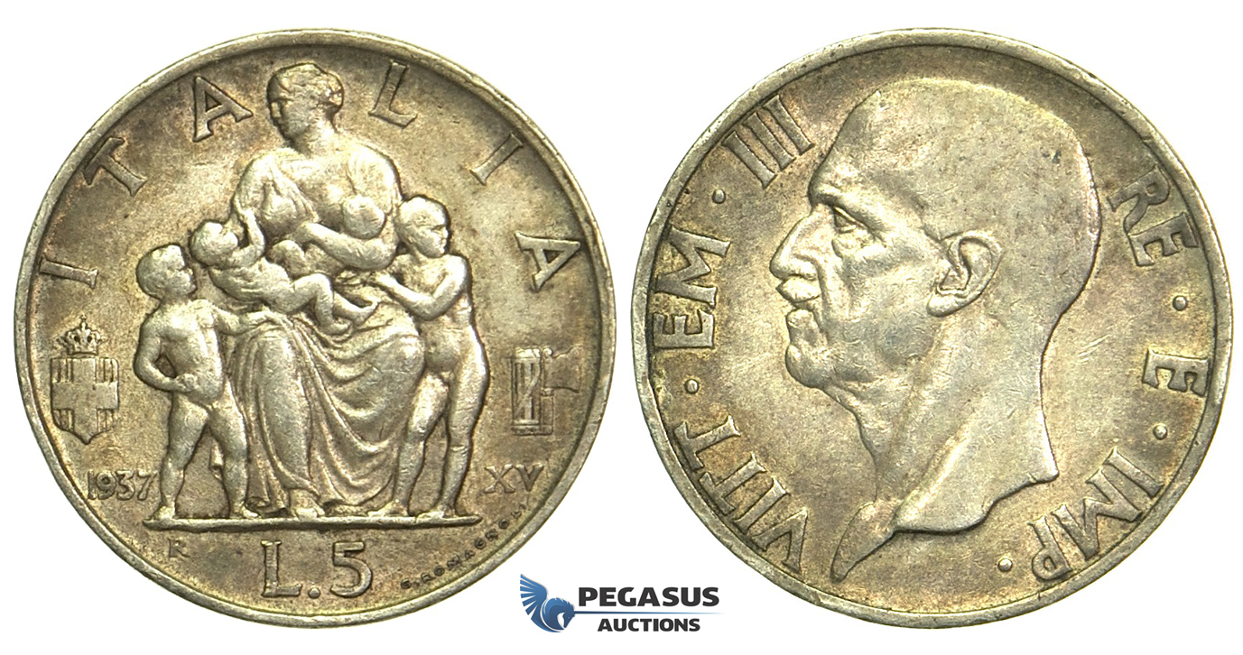 L51, Italy, Vittorio Emanuele III, 5 Lire 1937-R, Rome, Silver