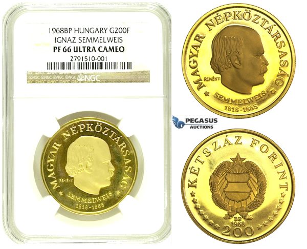 L67, Hungary, "Semmelweis" 200 Forint 1968-BP, Budapest, Gold, NGC PF66 Ultra Cameo