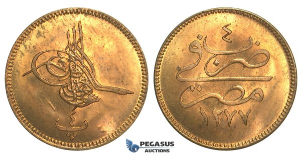 L70, Ottoman Empire, Egypt, Abdulaziz, 4 Para AH1277/4, Misr, Mint State!