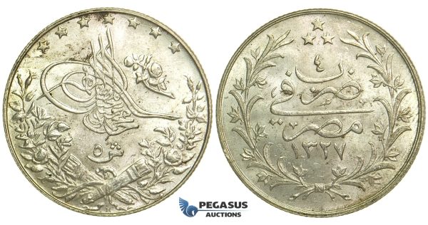 L72, Ottoman Empire, Egypt, Mehmed Resad, 5 Qirsh AH1327/4-H, Heaton, Silver, Mint State!