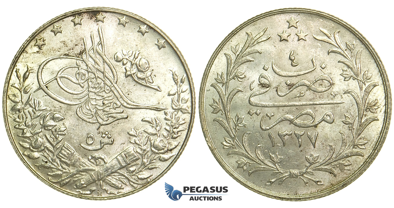 L72, Ottoman Empire, Egypt, Mehmed Resad, 5 Qirsh AH1327/4-H, Heaton, Silver, Mint State!