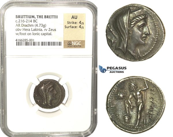 L79, Italy, Bruttium, The Brettii, AR Drachm (4.73g) ca. 216-214 BC (Second Punic War) Dark Patina, Rare! NGC AU