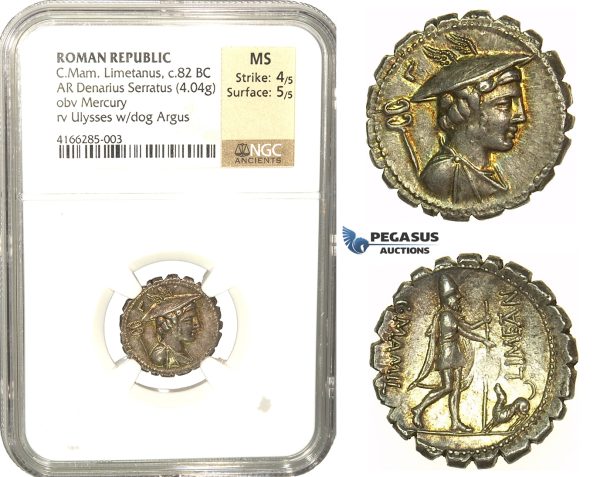 L81, Roman Republic, C. Mamilius Limetanus (82 BC) AR Denarius Serratus 82 BC (4.04g) Rome, Lovely Patina, NGC MS