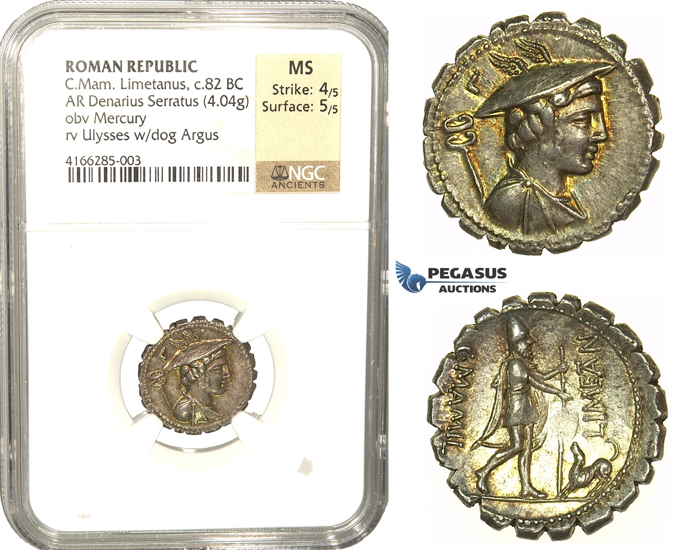 L81, Roman Republic, C. Mamilius Limetanus (82 BC) AR Denarius Serratus 82 BC (4.04g) Rome, Lovely Patina, NGC MS