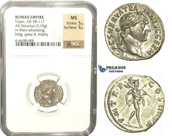 L83, Roman Empire, Trajan (98-117 AD) AR Denarius 101-102 AD (3.19g) Rome, Mars, Mint Luster, NGC MS