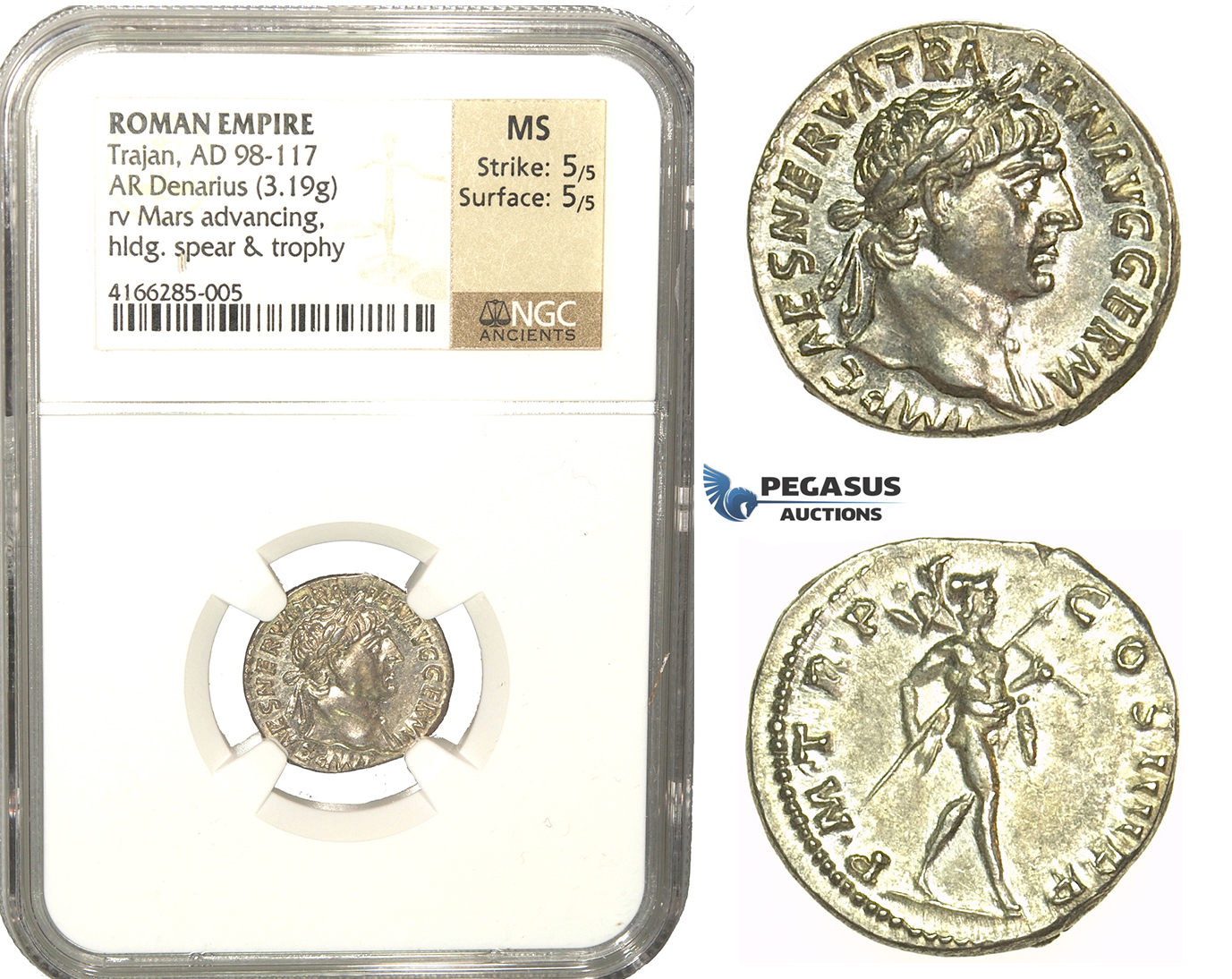 L83, Roman Empire, Trajan (98-117 AD) AR Denarius 101-102 AD (3.19g) Rome, Mars, Mint Luster, NGC MS
