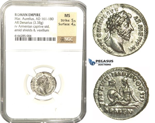 L84, Roman Empire, Marcus Aurelius (161-180 AD) AR Denarius 164 AD (3.38g) Rome, Armenia, As Struck, NGC MS