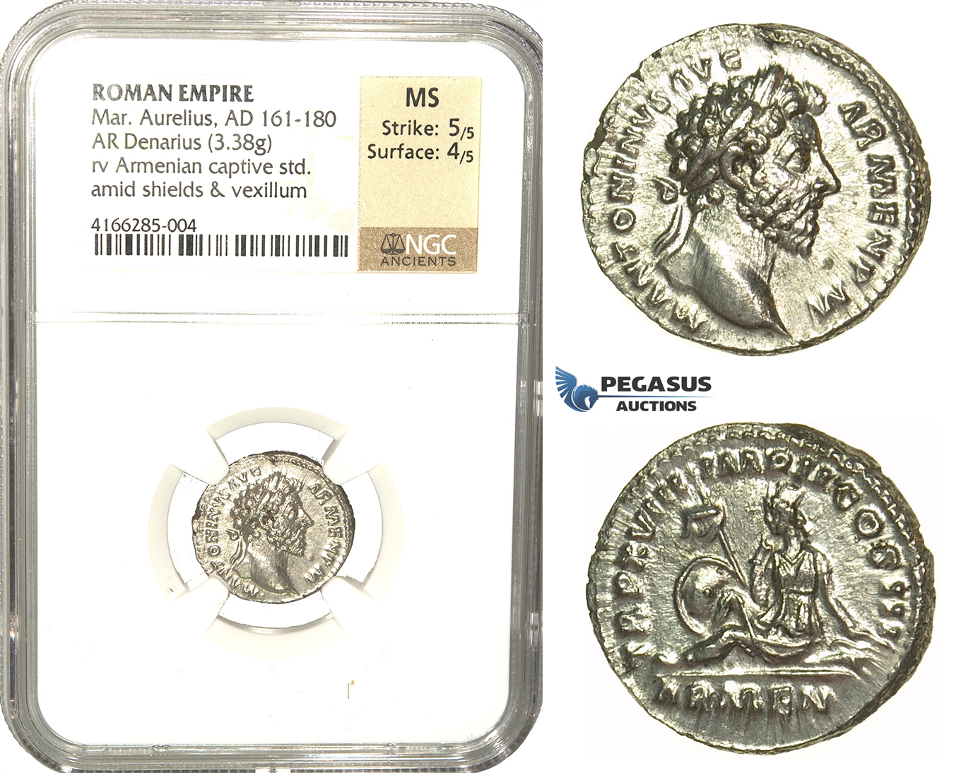 L84, Roman Empire, Marcus Aurelius (161-180 AD) AR Denarius 164 AD (3.38g) Rome, Armenia, As Struck, NGC MS