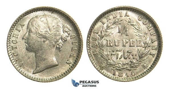 L87, East India Company, Victoria, 1/4 Anna 1840, Calcutta, Silver, High Grade!