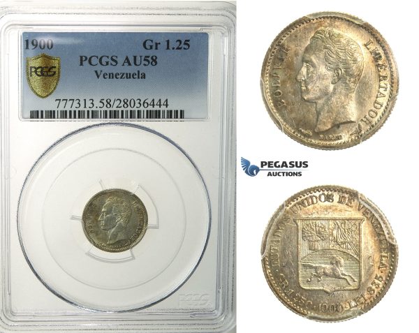 L88, Venezuela, 1/4 Bolivar 1900, Paris, Silver, PCGS AU58, Rare!