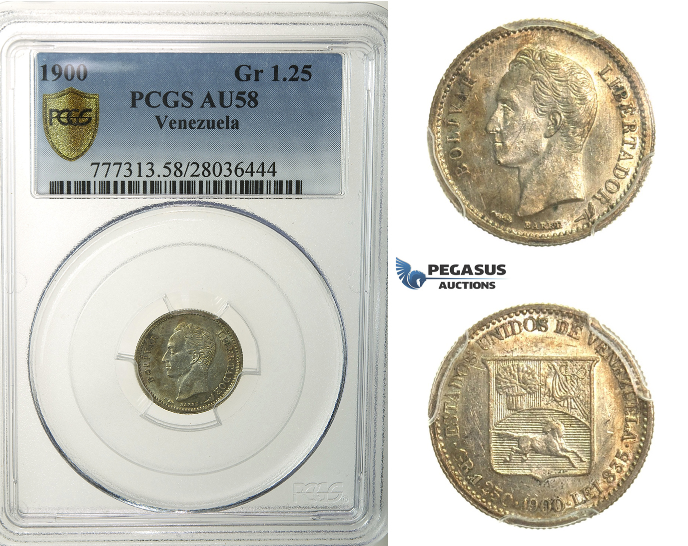 L88, Venezuela, 1/4 Bolivar 1900, Paris, Silver, PCGS AU58, Rare!