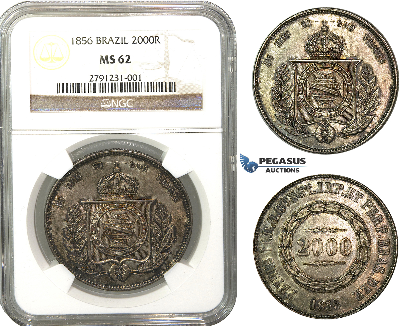 L97, Brazil, Pedro II, 2000 Reis 1856, Silver, NGC MS62, Dark Toning!
