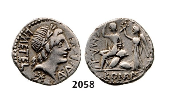 Lot: 2058. Roman Republic, L. Caecilius Metellus, C. Publius Malleolus and A. Postuminus Sp.f. Albinus (96 BC) Denarius, Rome, Silver (3.76g)