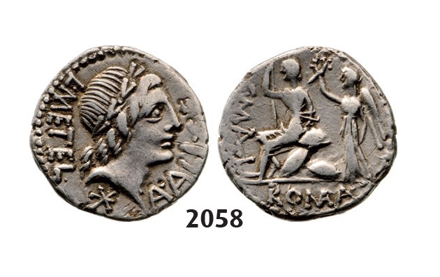 Lot: 2058. Roman Republic, L. Caecilius Metellus, C. Publius Malleolus and A. Postuminus Sp.f. Albinus (96 BC) Denarius, Rome, Silver (3.76g)