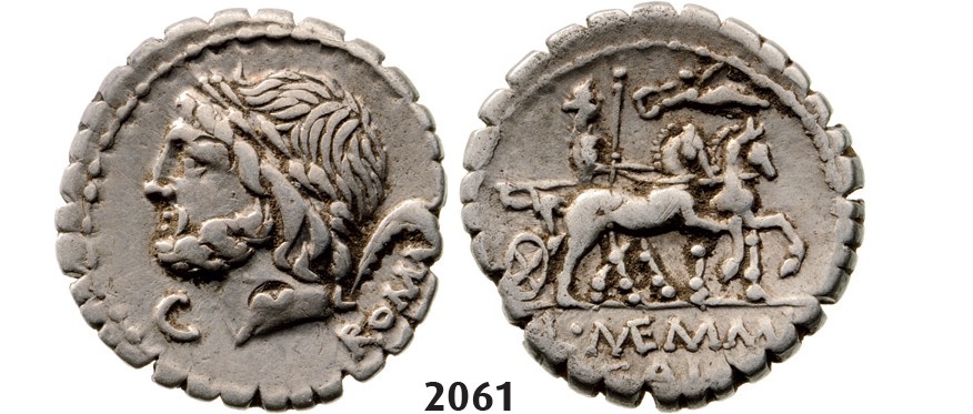 Lot: 2061. Roman Republic, L. and C. Memmius L.f Galeria (87 BC) Denarius, Rome, Silver (3.93g)