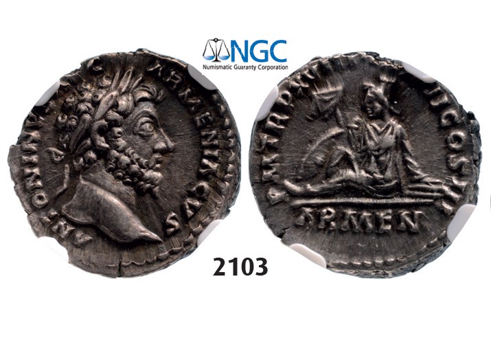 Lot: 2103. Roman Empire, Marcus Aurelius, 161-180 AD, Denarius (Struck 164 AD) Rome, Silver (3.40g), NGC Ch XF