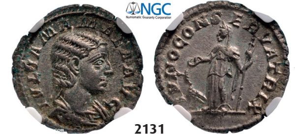 Lot: 2131. Roman Empire, Julia Mamaea, 222-235 AD, Denarius (Struck 222 AD) Rome, Silver (2.93g), NGC Ch AU