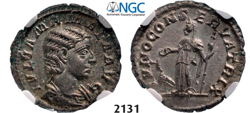 Lot: 2131. Roman Empire, Julia Mamaea, 222-235 AD, Denarius (Struck 222 AD) Rome, Silver (2.93g), NGC Ch AU