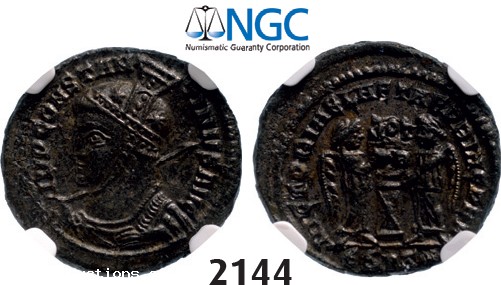 Lot: 2144. Roman Empire, Constantine I, 307-337 AD, Æ3 (Nummus) (Struck 319-320) Siscia, Billon (2.74g), NGC MS