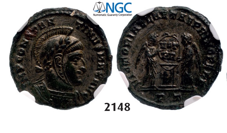 Lot: 2148. Roman Empire, Constantine I, 307-337 AD, Æ3 (Nummus) (Struck 325 AD) Ticinum, Billon (3.27g), NGC AU