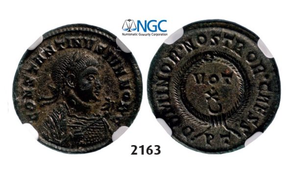 Lot: 2163. Roman Empire, Constantine II as Caesar, 337-361 AD, Æ3 (Nummus) (Struck 337-338 AD) Ticinum, Billon (2.55g), NGC AU