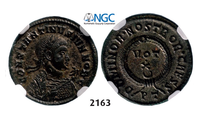 Lot: 2163. Roman Empire, Constantine II as Caesar, 337-361 AD, Æ3 (Nummus) (Struck 337-338 AD) Ticinum, Billon (2.55g), NGC AU