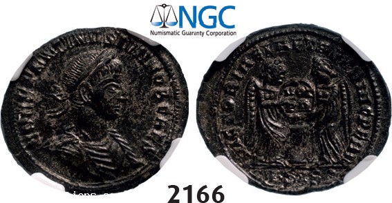 Lot: 2166. Roman Empire, Constantine II as Caesar, 337-361 AD, Æ3 (Nummus) (Struck 338-339) AD) Siscia, Billon (2.60g), NGC AU