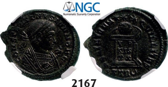 Lot: 2167. Roman Empire, Constantine II as Caesar, 337-361 AD, Æ3 (Nummus) (Struck 338-339 AD) Trier, Billon (3.45g), NGC AU