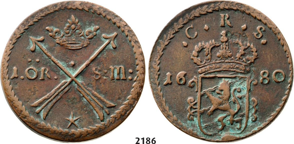 Lot: 2186. Sweden, Karl XI, 1660-1697, 1 Öre 1680, Avesta, Copper