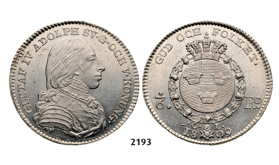 Lot: 2193. Sweden, Gustav IV Adolf, 1792-1809, 1/6 Riksdaler 1809-O/L, Stockholm, Silver