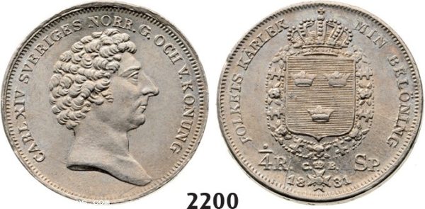 Lot: 2200. Sweden, Karl XIV Johan, 1818-1844, ¼ Riksdaler Specie 1831-C/B, Stockholm, Silver