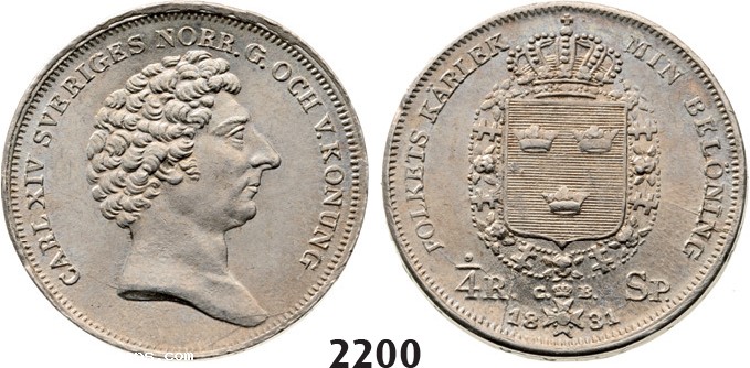 Lot: 2200. Sweden, Karl XIV Johan, 1818-1844, ¼ Riksdaler Specie 1831-C/B, Stockholm, Silver