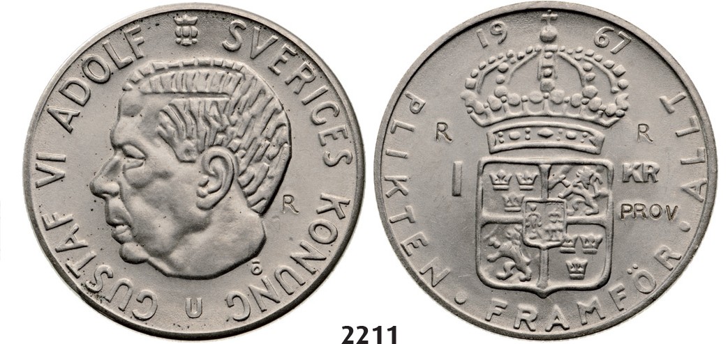 Lot: 2211. Sweden, Patterns & Trial strikes, Gustav VI Adolf, 1950-1973, Pattern 1 Krona 1967-U, Stockholm, Copper-Nickel