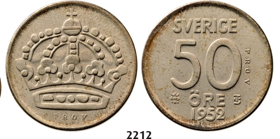 Lot: 2212. Sweden, Patterns & Trial strikes, Gustav VI Adolf, 1950-1973, Pattern 50 Öre 1952-TS, Stockholm, Silver