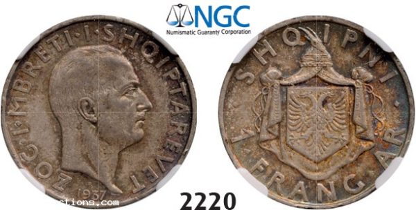 Lot: 2220. Albania, Ahmed Bey Zogu I, 1928-1939, Frang Ar, 1937-R, Rome, NGC AU55