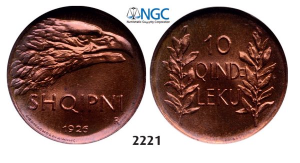 Lot: 2221. Albania, Ahmed Bey Zogu I, 1928-­1939, 10 Qindar Leku 1926­-R, Rome, NGC MS66RB