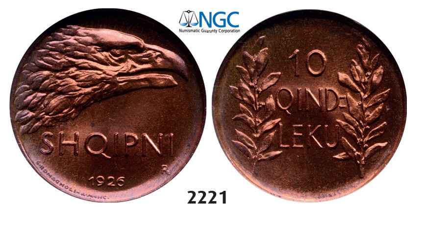 Lot: 2221. Albania, Ahmed Bey Zogu I, 1928-­1939, 10 Qindar Leku 1926­-R, Rome, NGC MS66RB