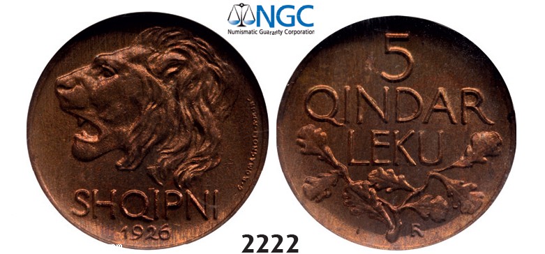 Lot: 2222. Albania, Ahmed Bey Zogu I, 1928-­1939, 5 Qindar Leku, 1926-­R, Rome, NGC MS65RB